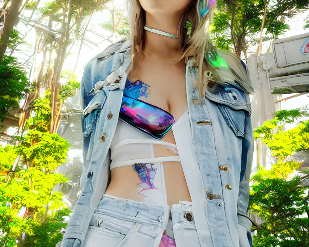 Futuristic woman in colorful visor glasses and denim jacket among lush greenery