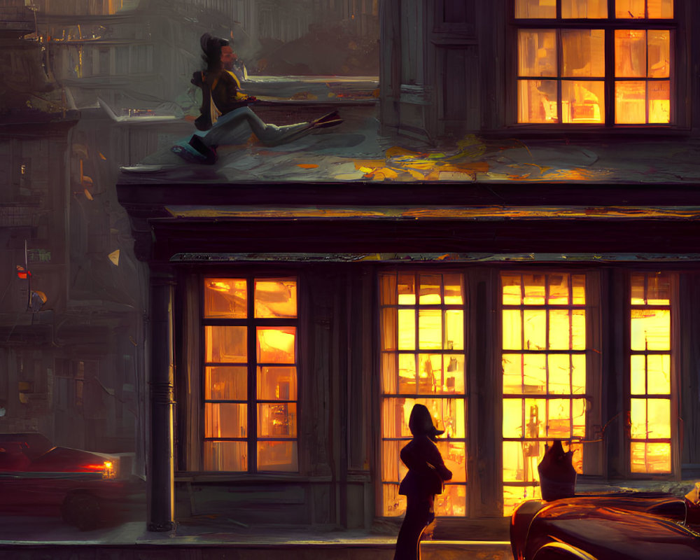 Cityscape at Sunset: Warm Light in Building Windows, Rooftop Figure, Street Silhouettes