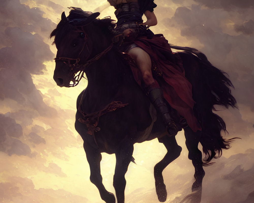 Warrior woman in armor on black horse under dramatic sky