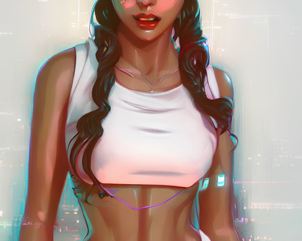 Digital artwork: Woman with neon cat ear headphones, red glowing eyes, white cropped top and shorts in