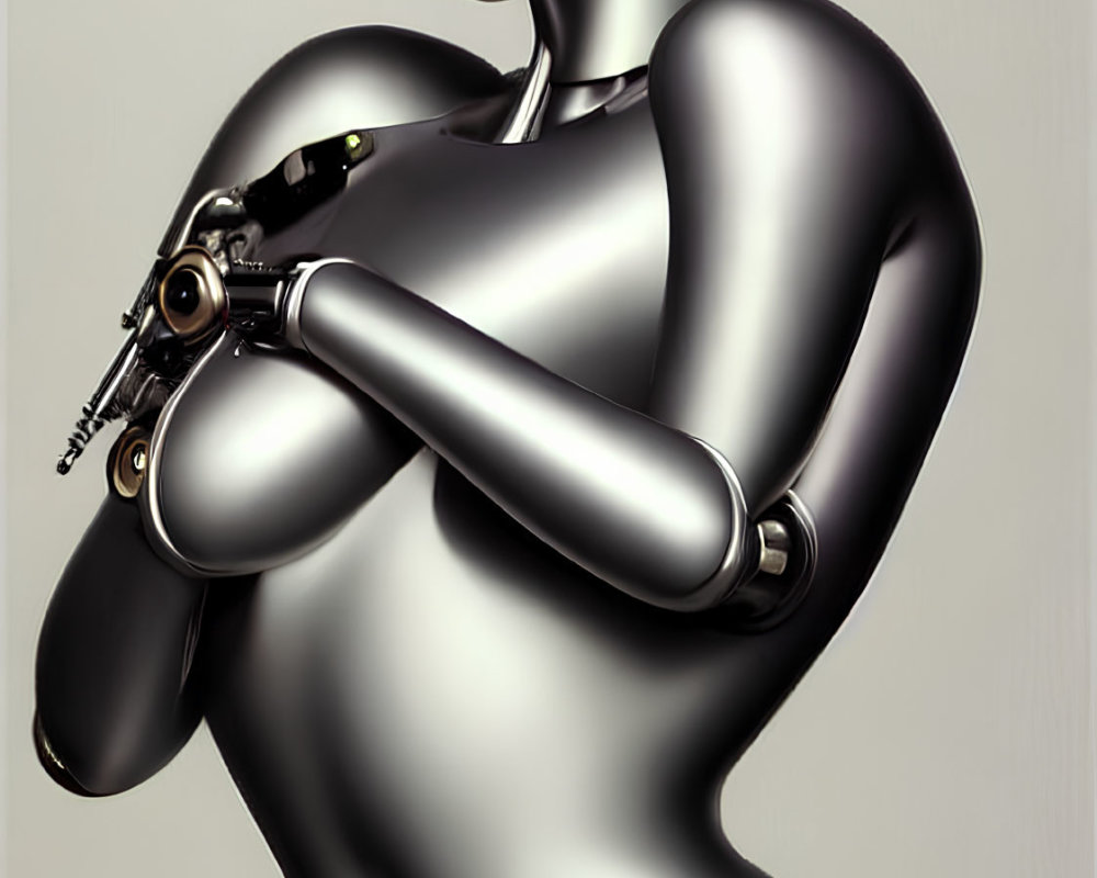 Metallic female humanoid robot with cybernetic arm in minimalist setting