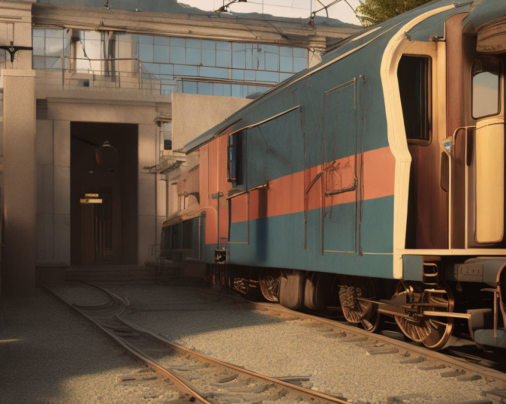 Blue and Orange Train on Tracks at Sunset Platform