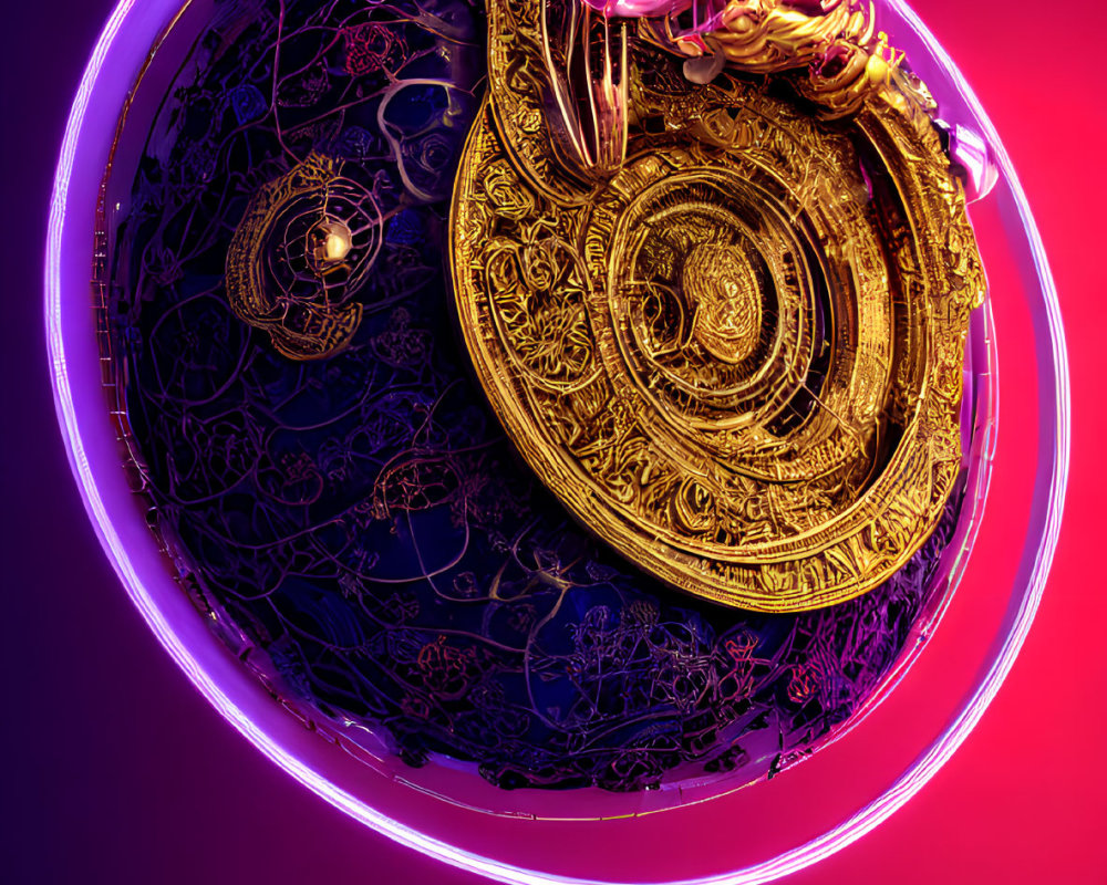 Intricate Golden Astrolabe 3D Model in Transparent Sphere on Pink Purple Gradient