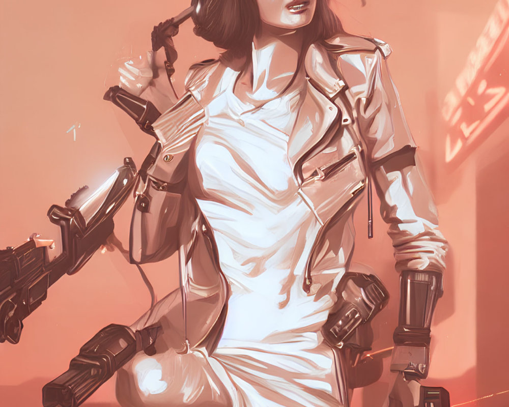 Futuristic woman in white jacket with mechanical arms on red backdrop