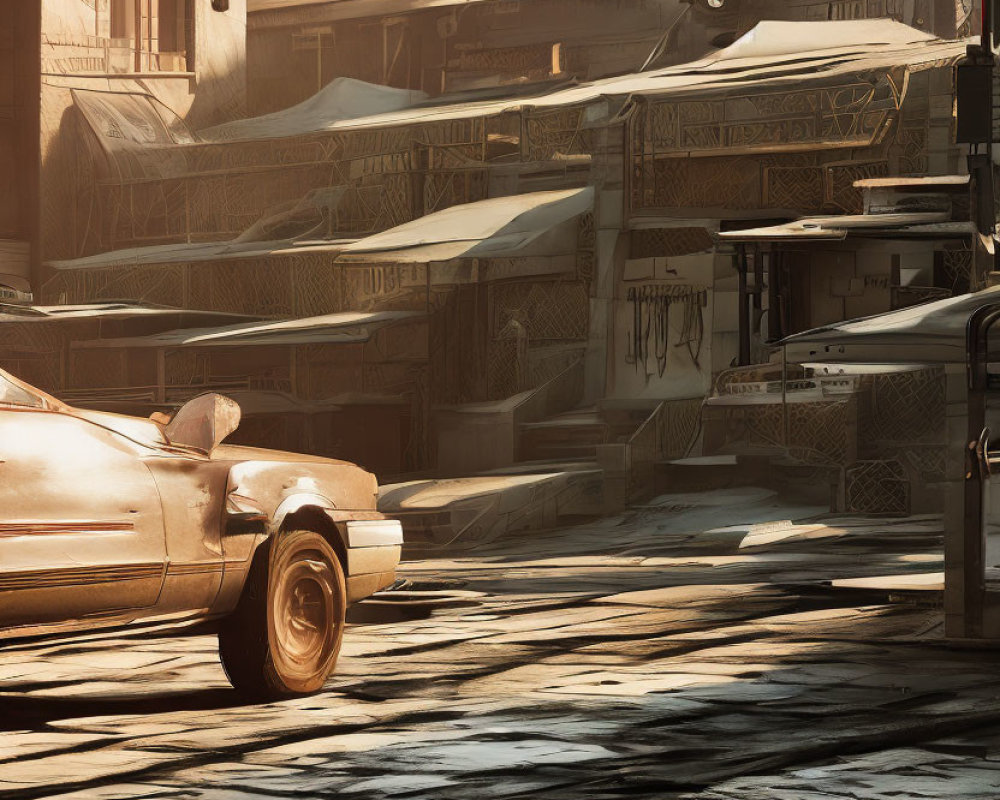 Deserted city street with shadows, dusty cars, and worn buildings in sunlit urban scene