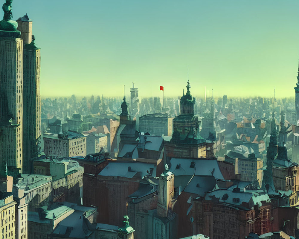 Cityscape featuring historic and modern buildings under clear sky