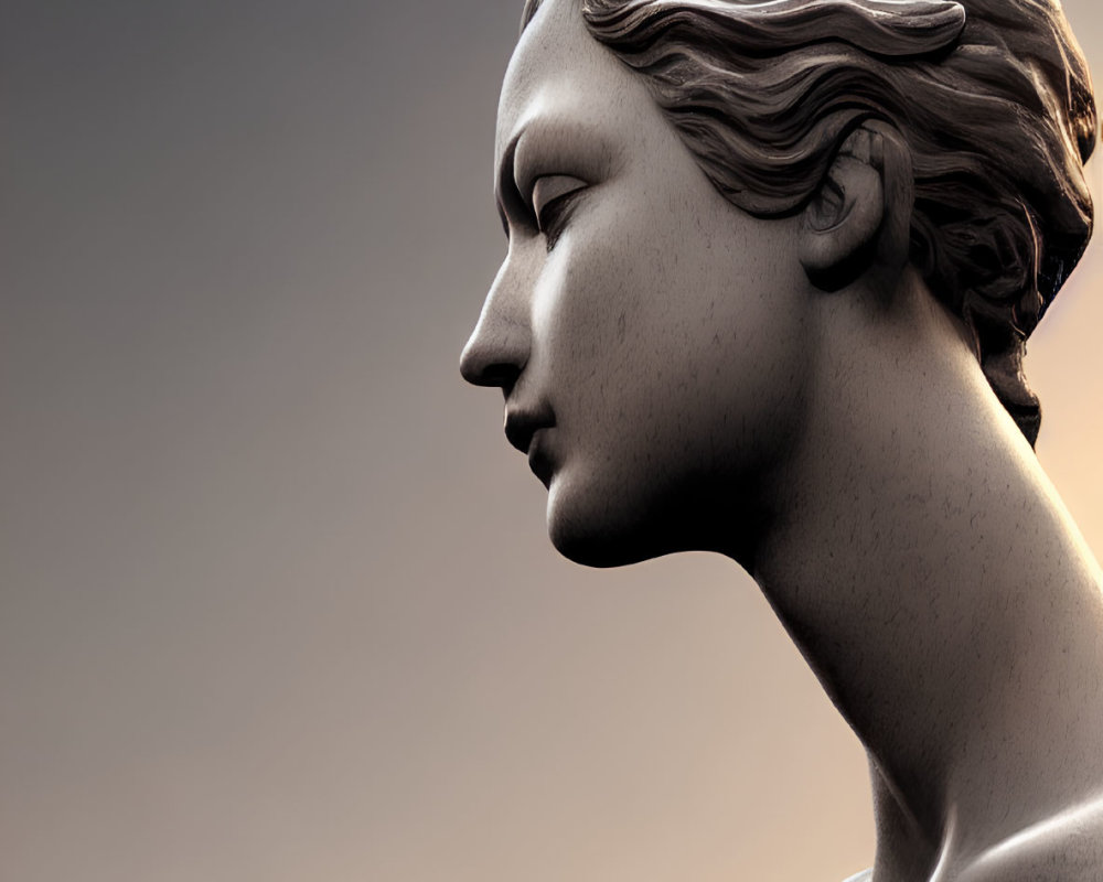 Classical female profile sculpture with detailed features on gradient sky.