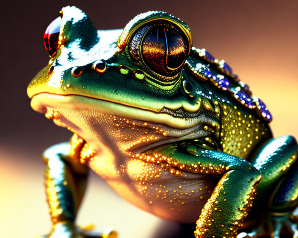 Colorful Frog with Water Droplets on Skin in Blurred Background