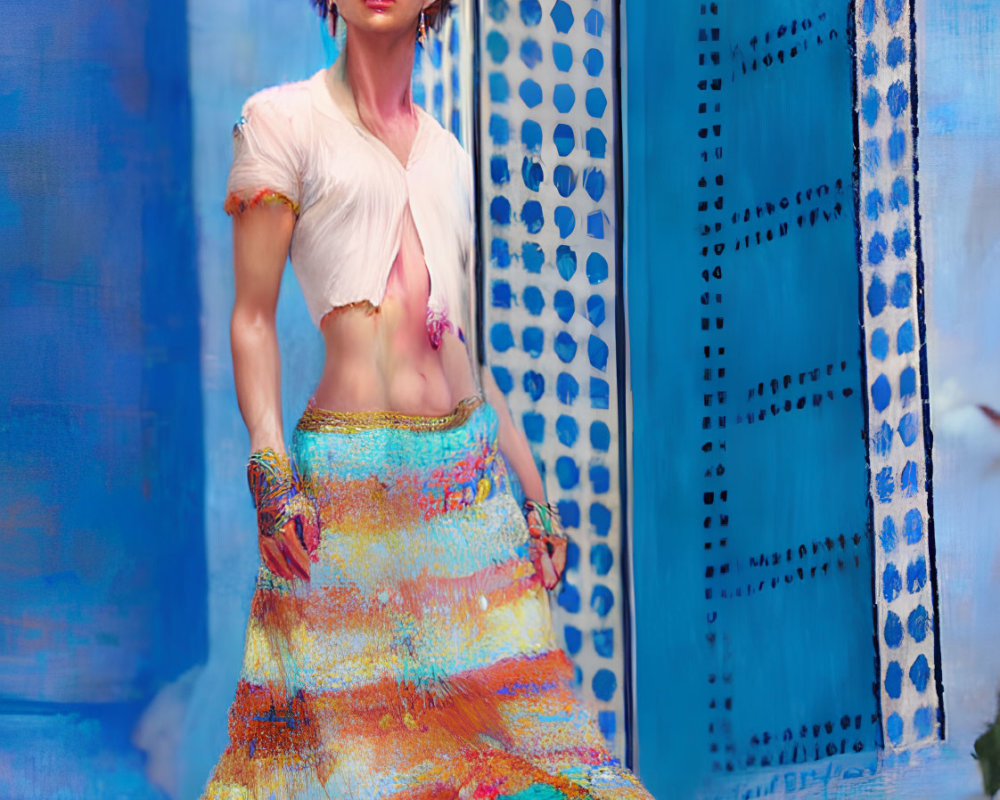 Bohemian-styled woman in colorful skirt and edgy haircut in ornate blue space