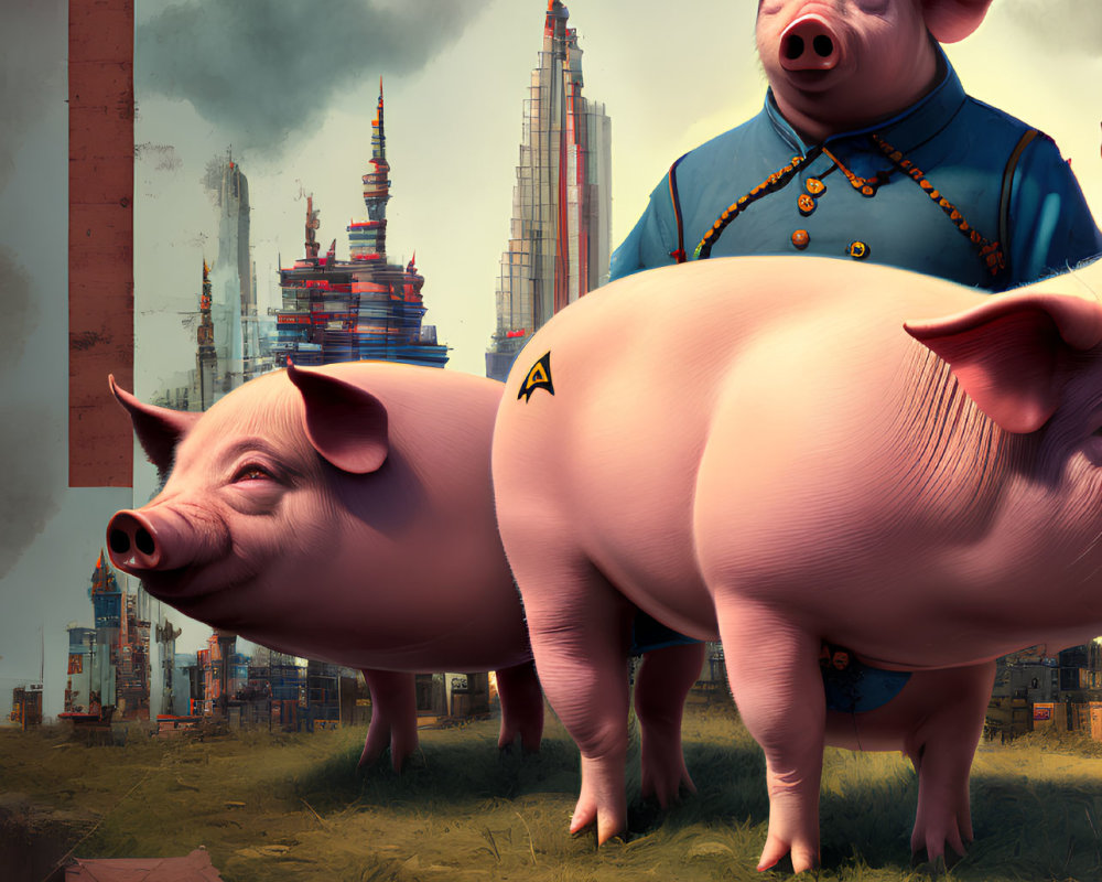 Anthropomorphic pigs in clothing with futuristic cityscape