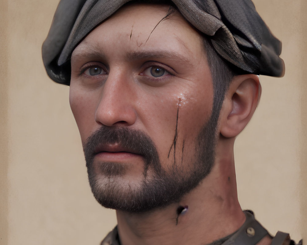 Portrait of a man with weathered face, gray headwrap, shoulder armor, and scar.