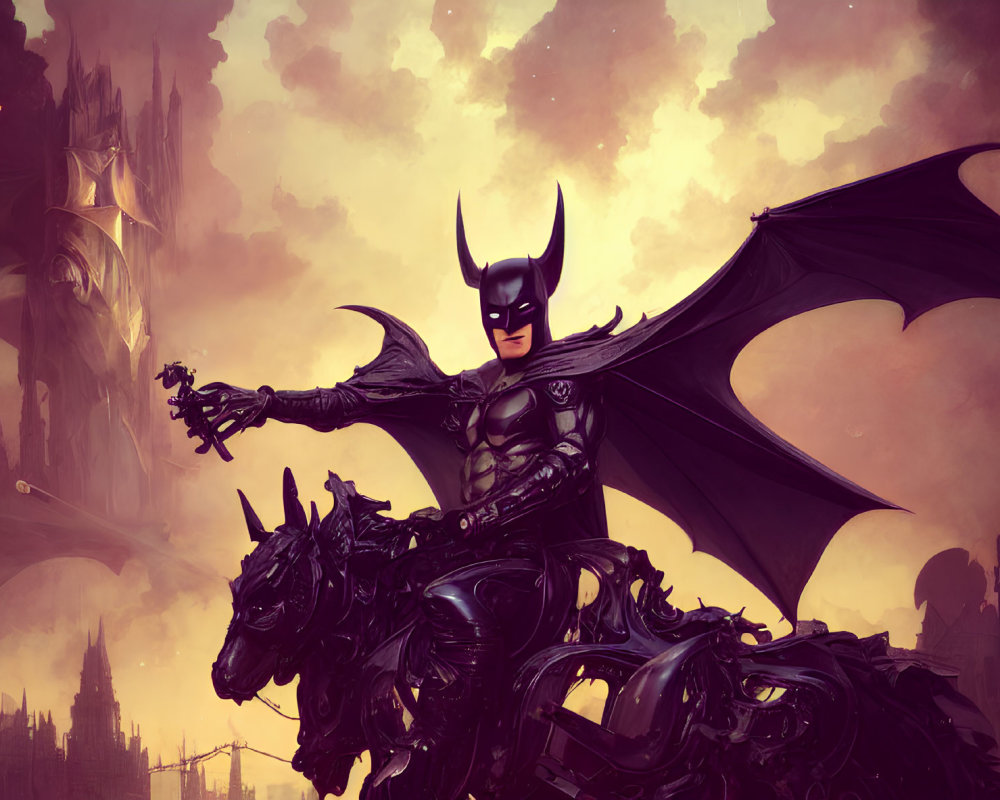 Stylized artwork of caped vigilante on mechanical steed in gothic cityscape