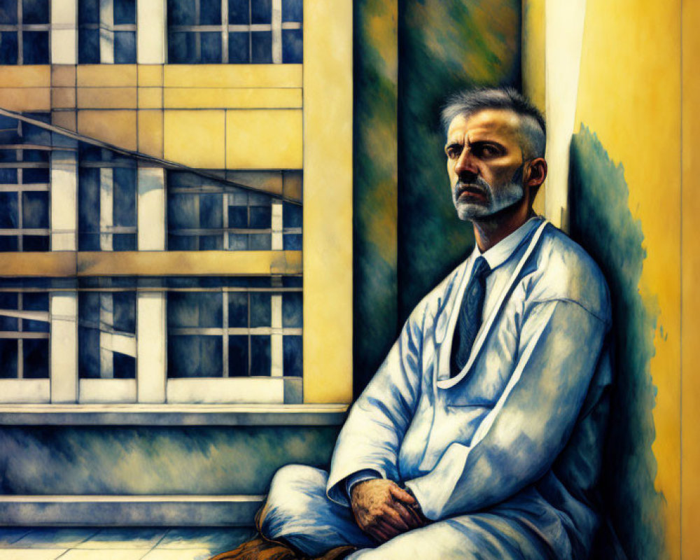 Pensive man in white coat with stethoscope against yellow wall