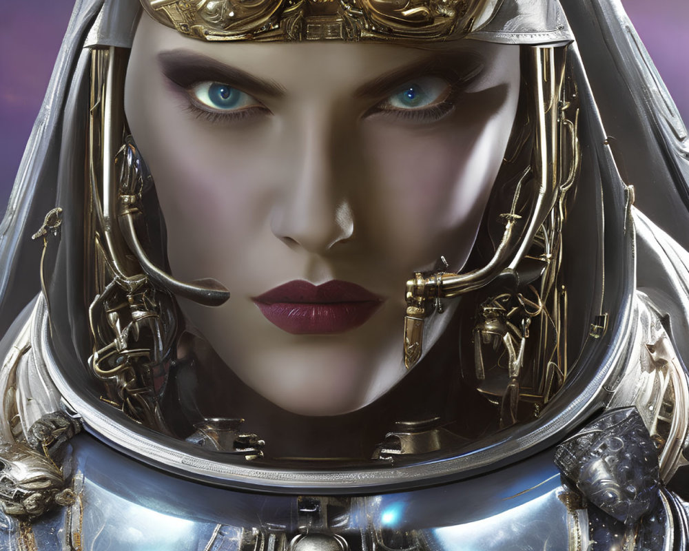 Detailed portrait of person in ornate sci-fi helmet with gold accents, intricate designs, clear visor