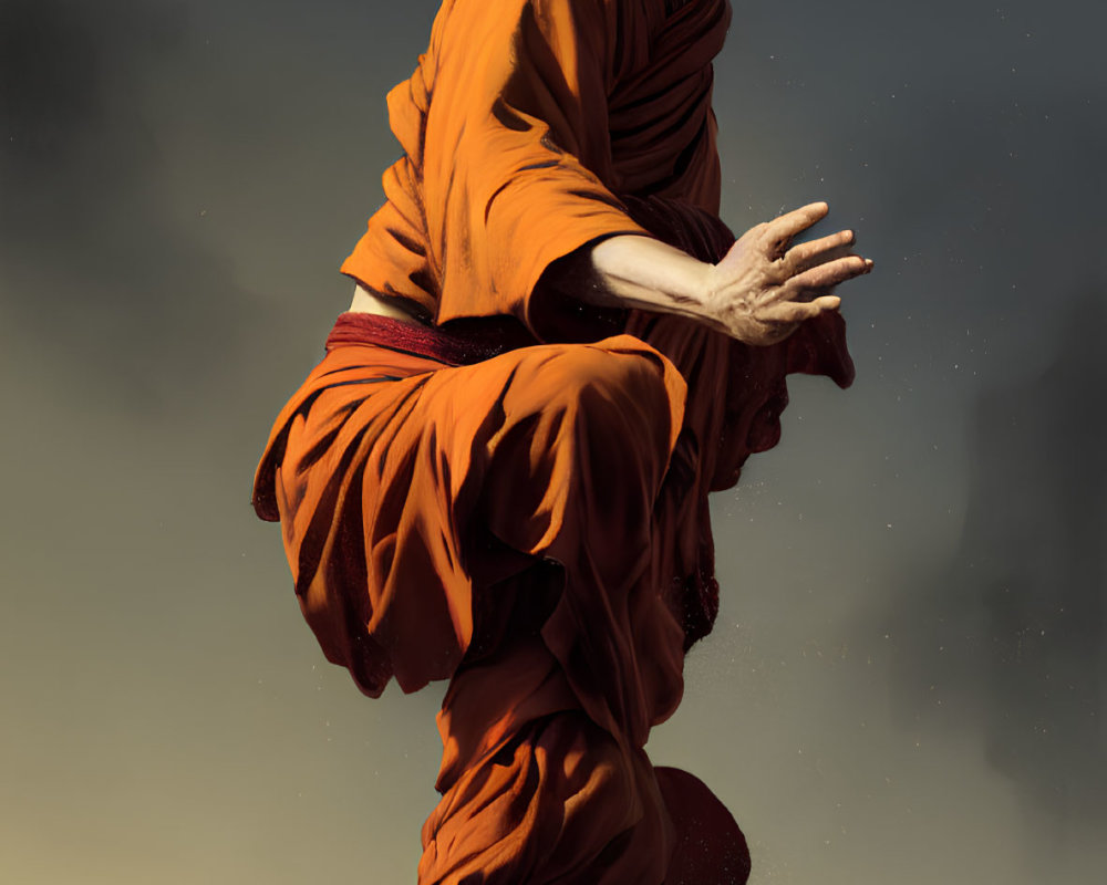 Monk in orange robes practicing balanced pose against gradient sky.