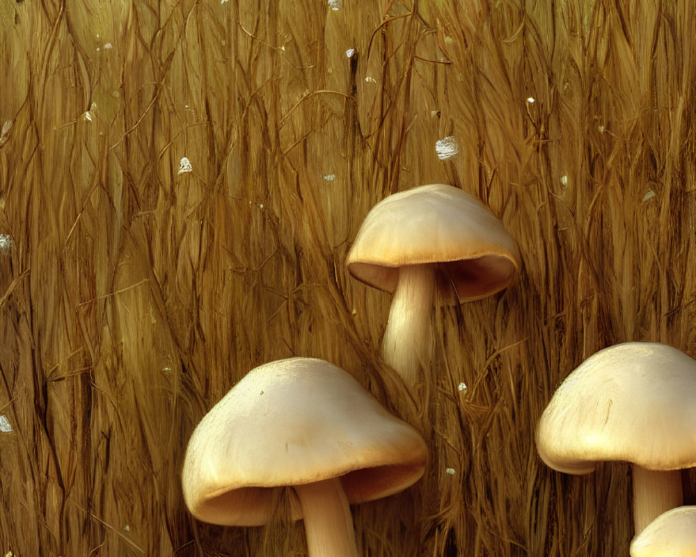 Rural landscape with golden wheat field and large mushrooms under blue sky