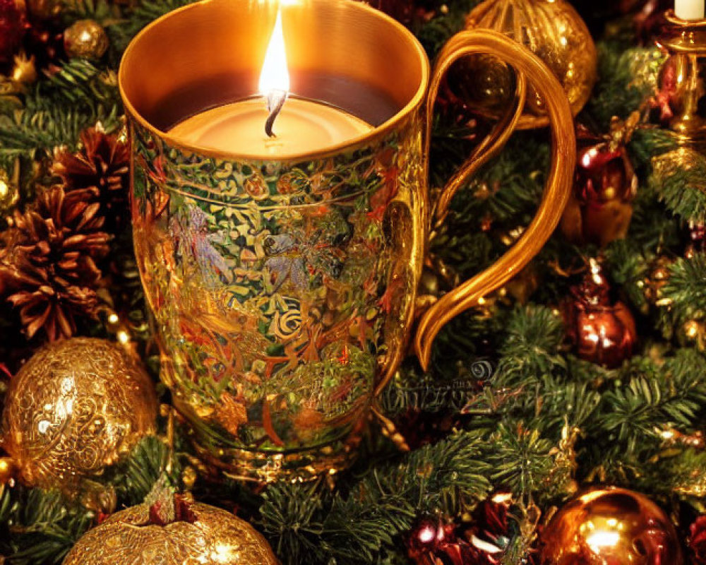 Festive candle in decorative cup with Christmas ornaments and pine branches