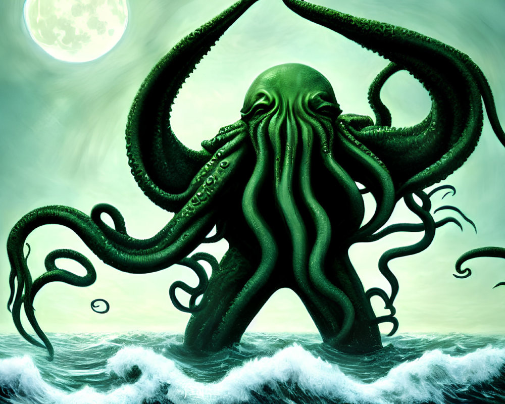 Gigantic green octopus with towering tentacles under eerie moonlit sky