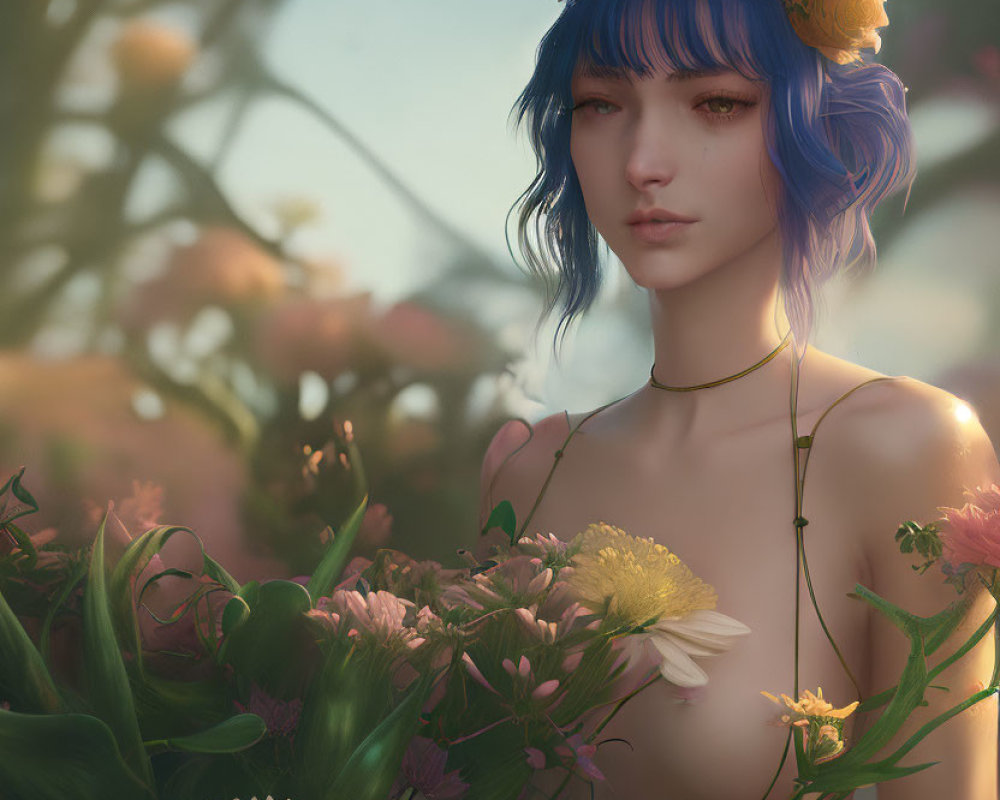 Blue-haired female figure with floral crown in serene floral setting