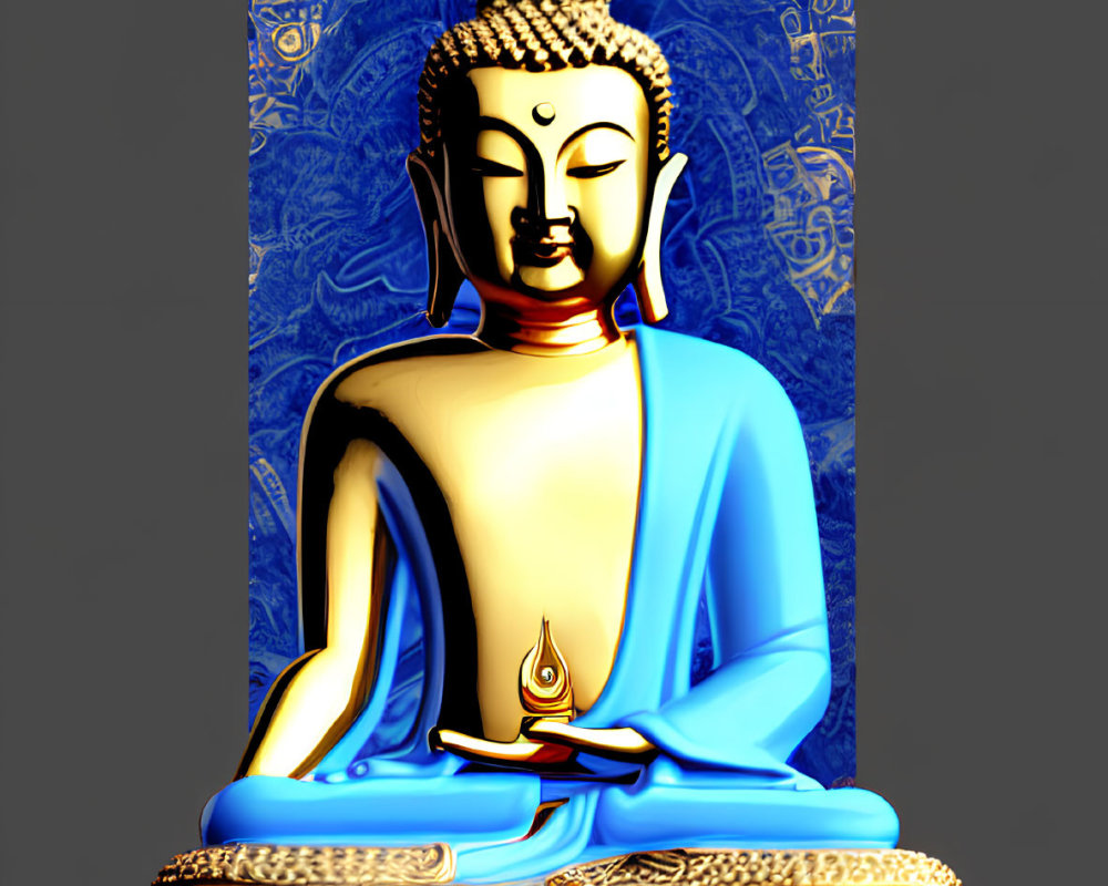 Golden Buddha Statue Seated in Lotus Position on Blue Background