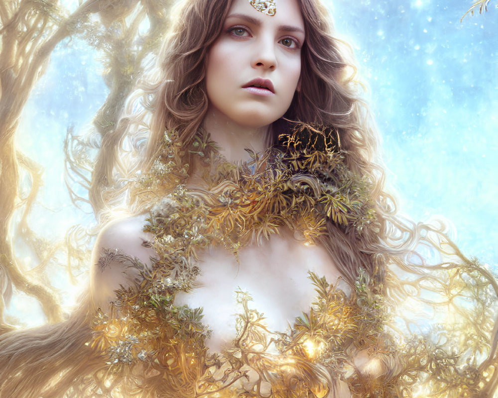 Mystical woman with botanical adornments in ethereal setting