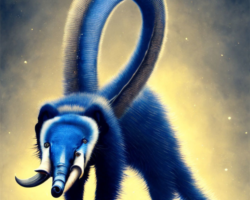 Surreal Painting: Blue Long-Furred Creature with Anteater-Like Face and Looped