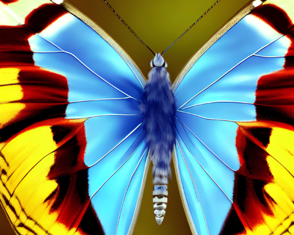 Colorful Butterfly with Blue and Orange Wings on Yellow and Brown Gradient Background