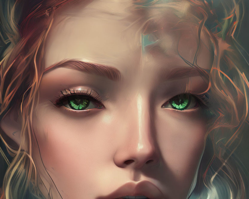 Portrait of a woman with green eyes and auburn hair in digital art