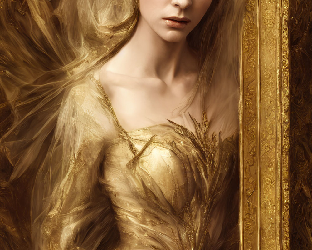 Golden attire and headpiece on ethereal being with pointed ears and deep blue eyes - royal fantasy elf