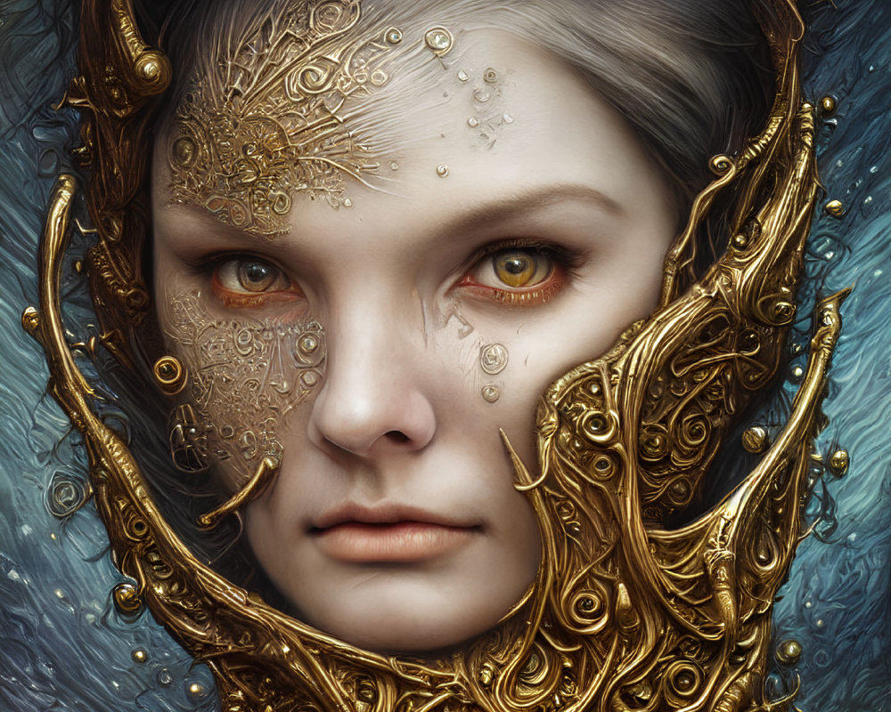 Detailed Gold Filigree Woman Portrait with Intense Eyes