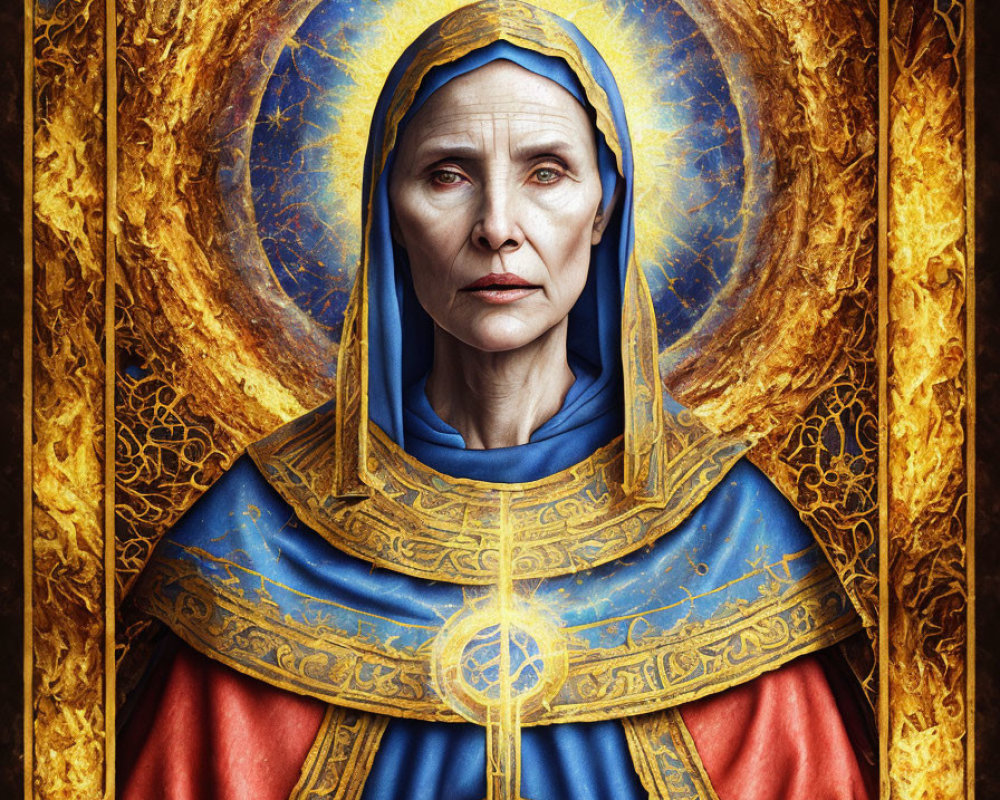 Realistic portrait of woman styled as saint with golden halo and ornate frame in blue and red robes