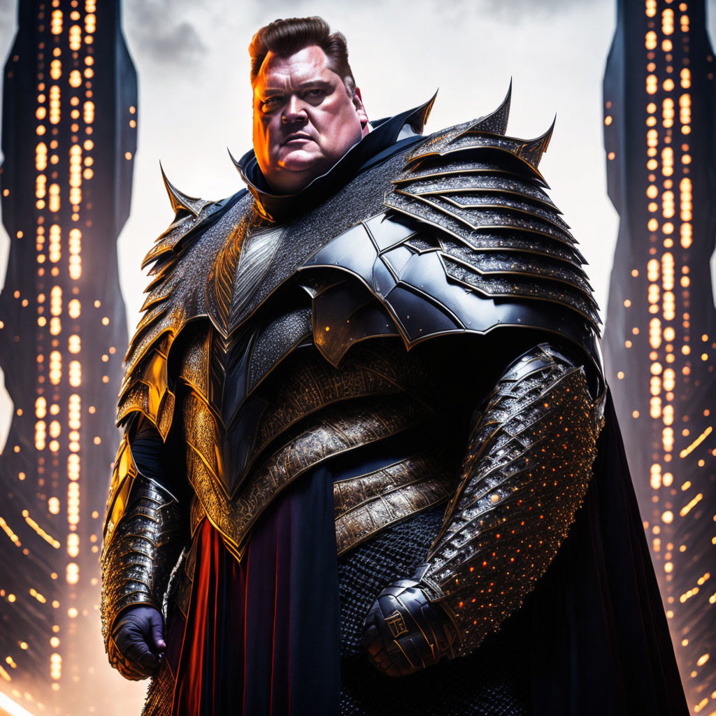 Character in black armor with cape against futuristic cityscape