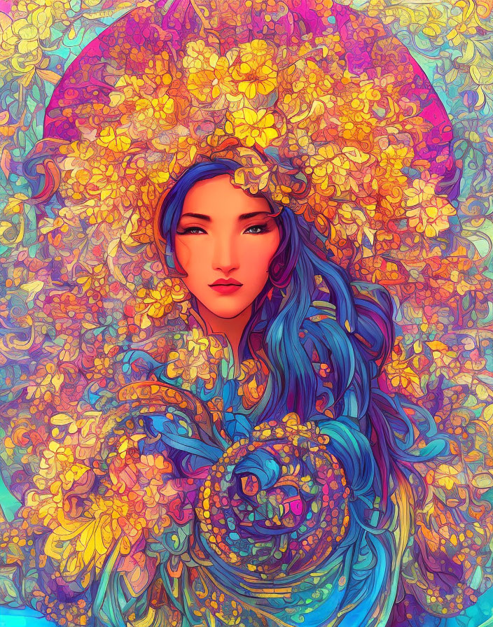 Colorful Illustration: Woman with Blue Hair and Golden Flowers on Intricate Floral Background