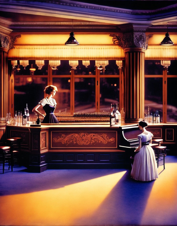 Vintage bar interior with warm lighting and two women, one standing at the counter and the other by a