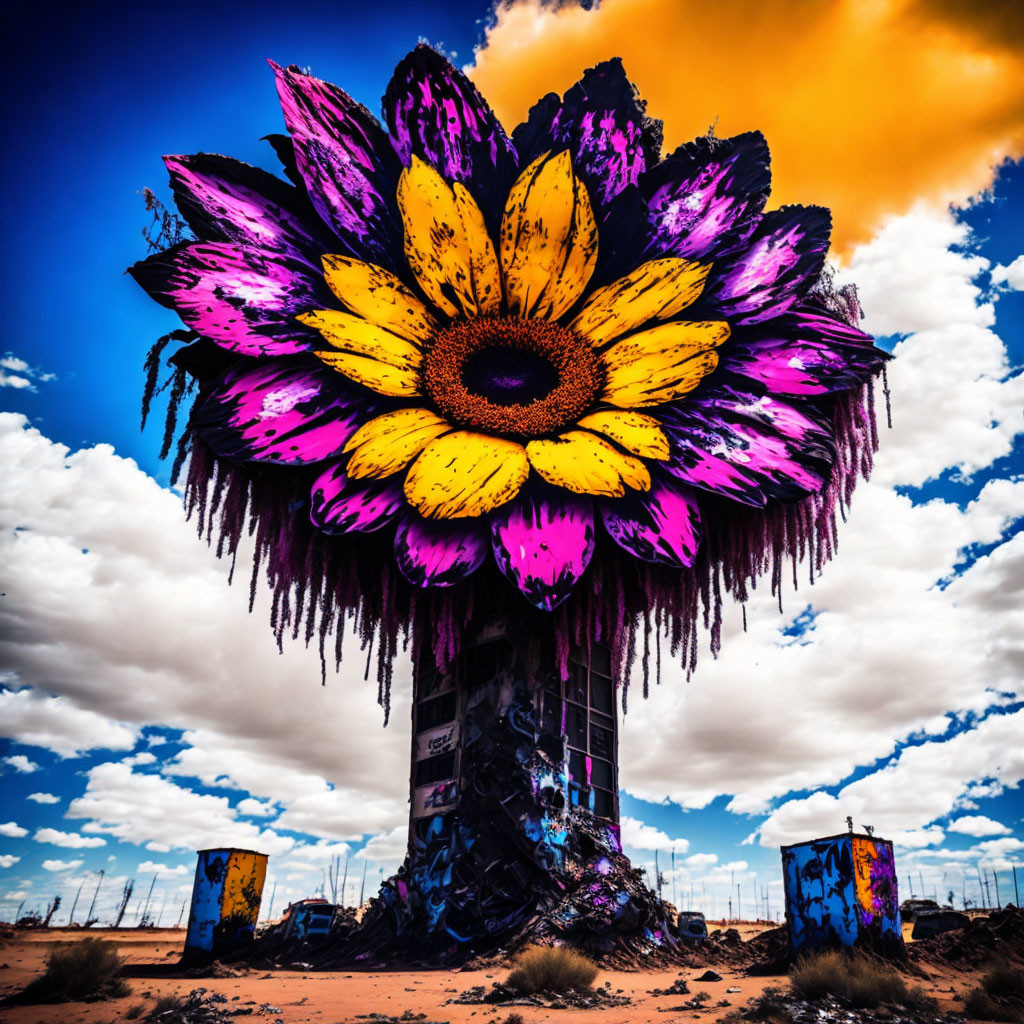 Colorful oversized graffiti sunflower art against dramatic sky.