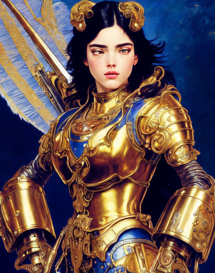 Golden-armored woman with sword on dark background