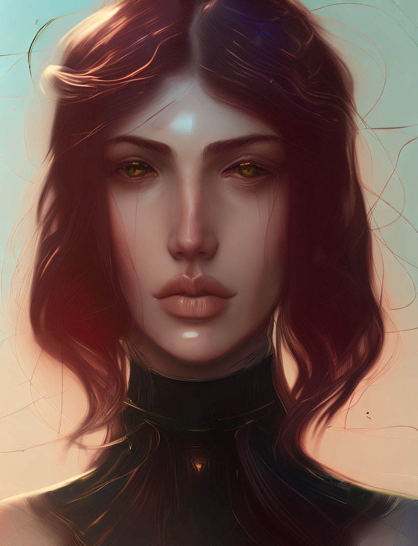 Portrait of woman with amber eyes and wavy brown hair in dark turtleneck