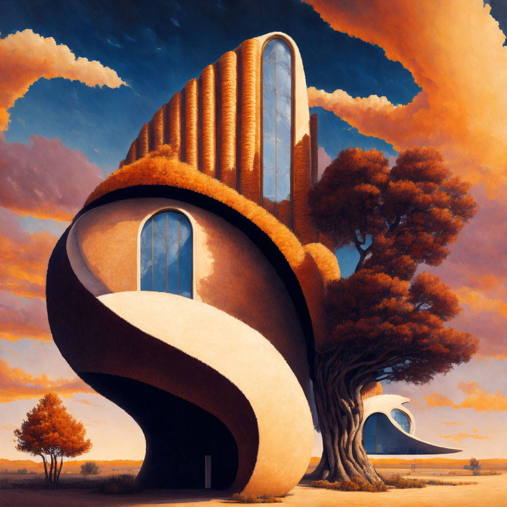 Surreal snail-shaped building in orange hues against blue sky and autumn trees