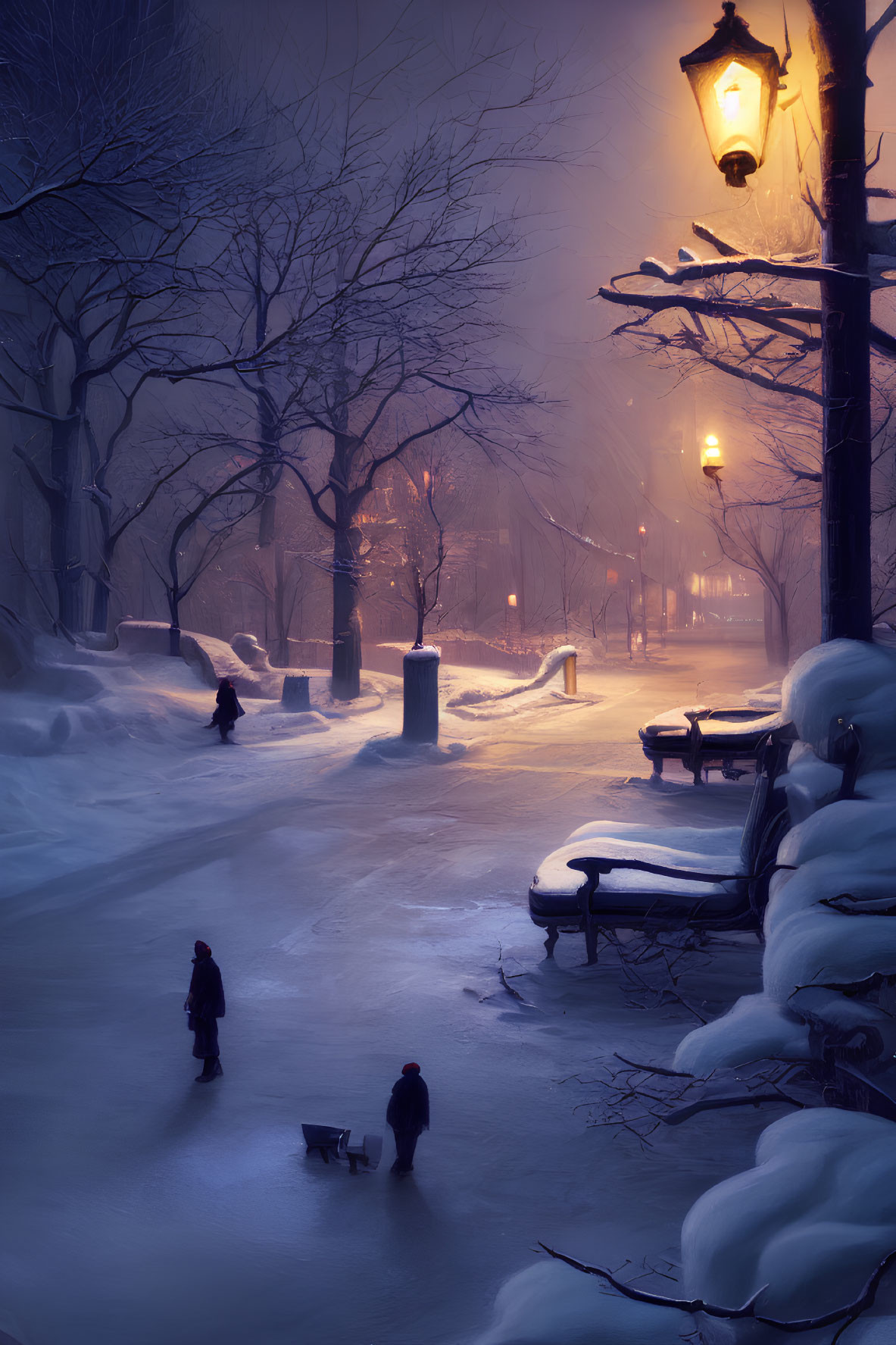 Snowy Evening Park Scene with People Walking in Tranquil Winter Setting