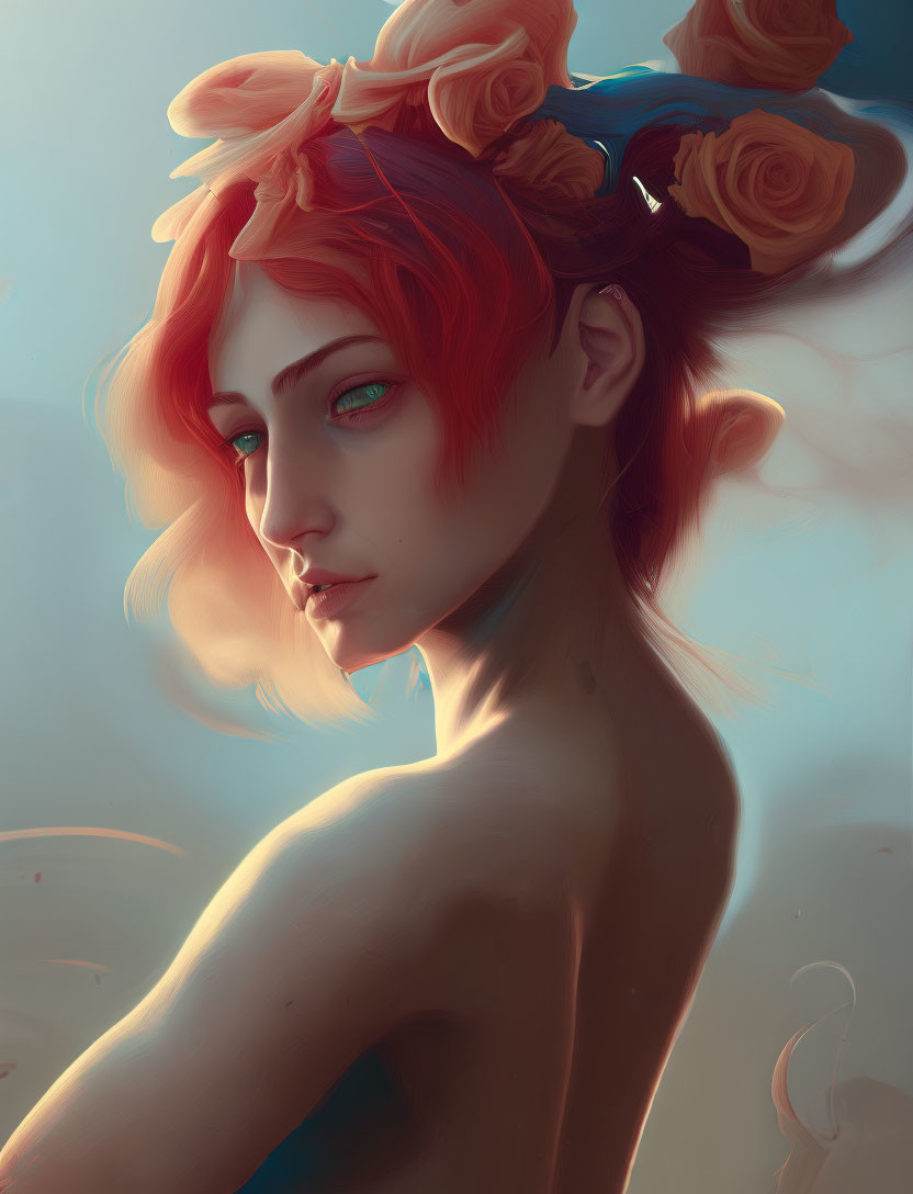 Digital portrait of a woman with red hair and rose adornments, featuring a subtle and mystical gaze under