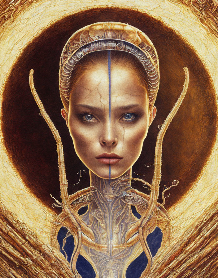 Symmetrical humanoid creature with golden headgear and ornate collar