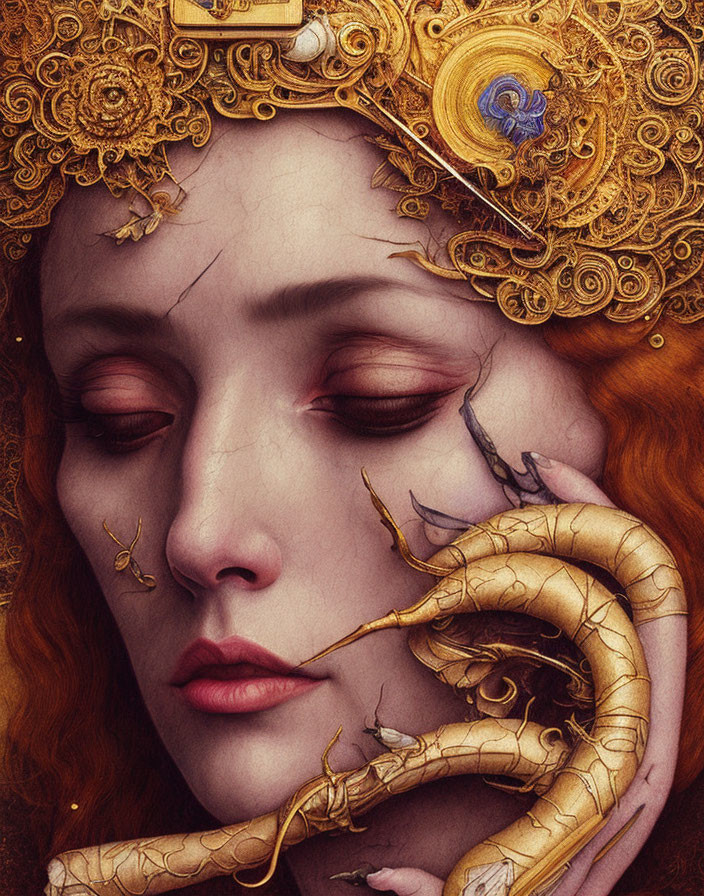 Detailed artwork of a woman with closed eyes and golden headdress, held by a mechanical snake.