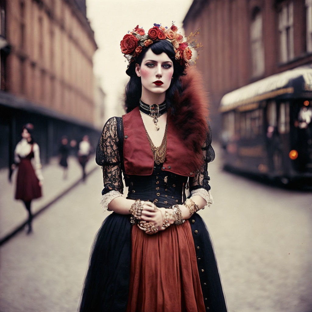 Vintage Attired Woman with Flower Crown on Old Street with Tram