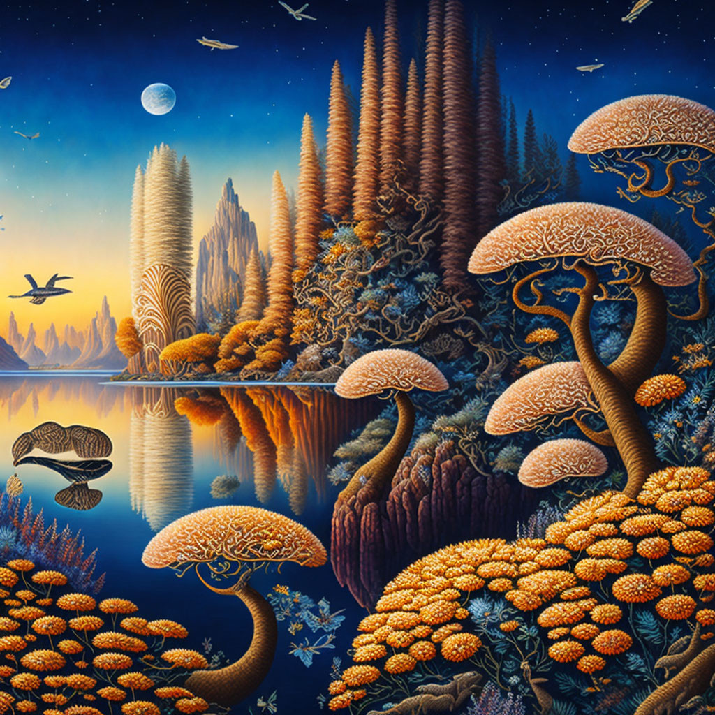 Surreal landscape featuring oversized mushrooms, reflective water, starry sky, and mystical forest at twilight