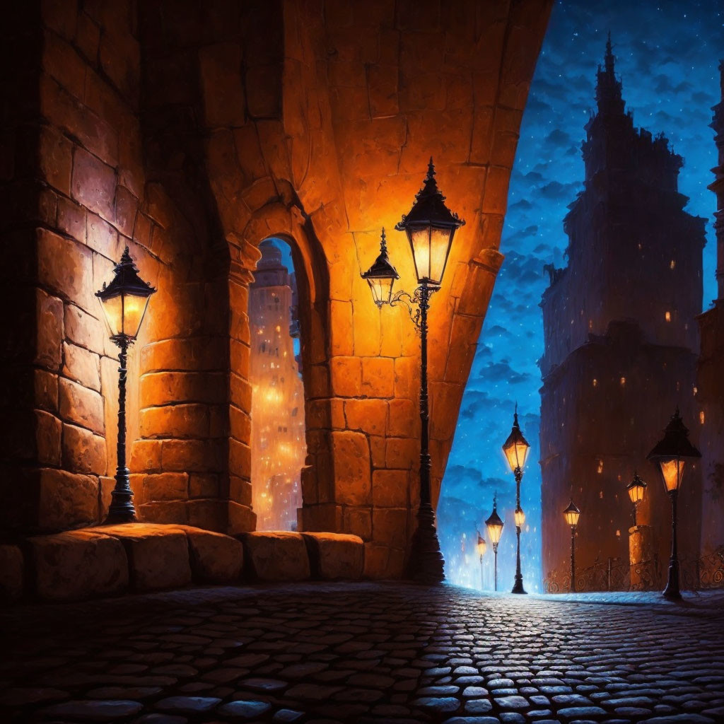 Enchanting night scene: cobblestone alley, lanterns, archway, castle silhouette,