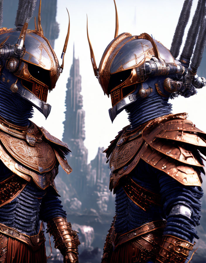 Armored figures with elaborate helmets in front of towering spire