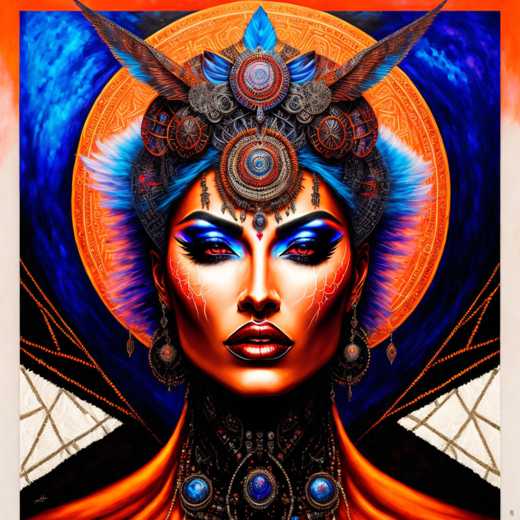 Colorful Woman Portrait with Elaborate Headdress and Makeup