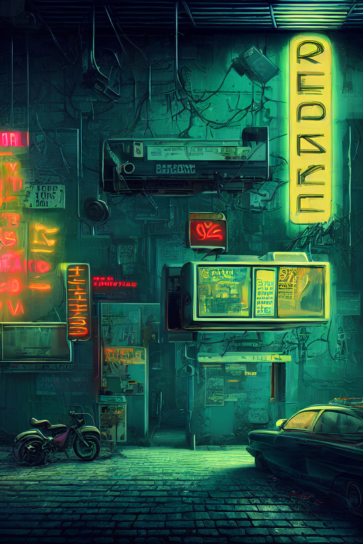 Neon-soaked cyberpunk alley at night with glowing signs, capsule, motorcycle, car, and