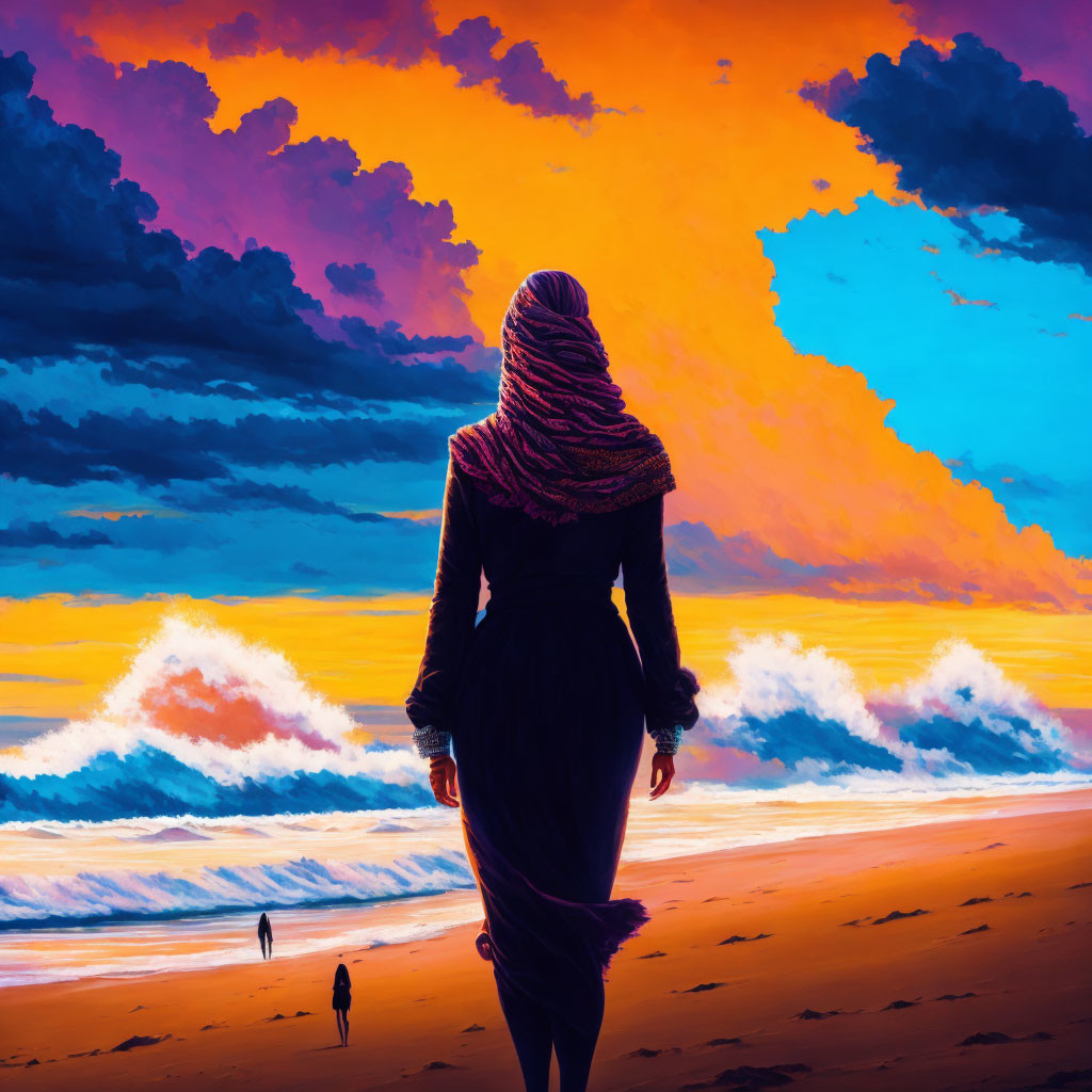 Person in flowing dress gazes at vibrant beach sunset