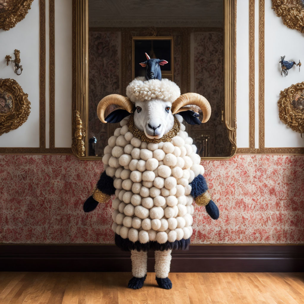 Elaborate sheep costume with black bird in ornate room